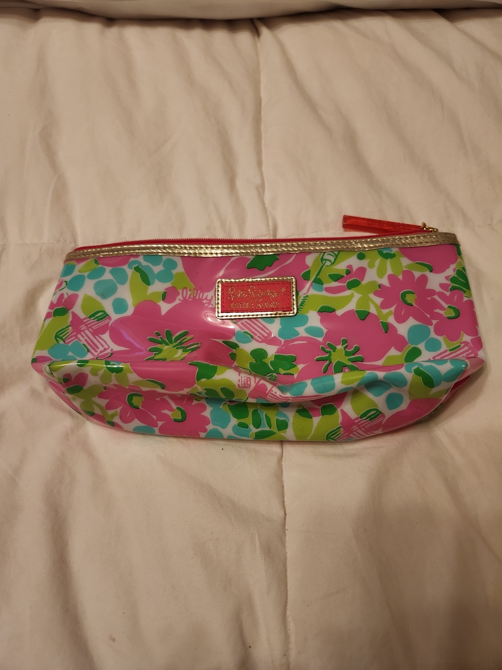 Lilly Pulitzer Pink Floral Patent Cosmetic Pouch with Gold Trim